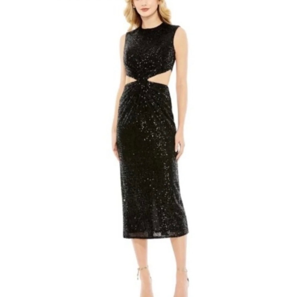 IEENA for Mac Duggal Black Sequin Cut-Out Twist Midi Dress 27022 Size 2